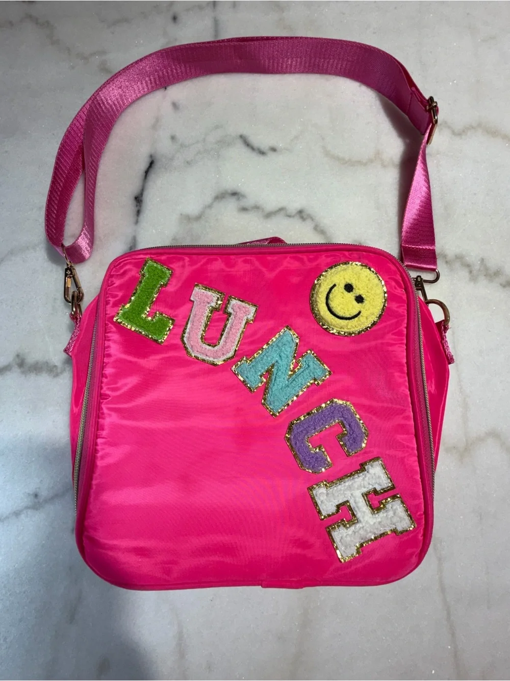 Hot Pink 'LUNCH' Box Crossbody Bag with Smiley Patch
